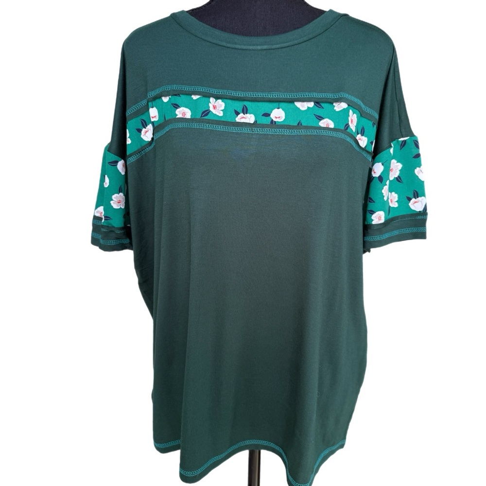 Floral Stripe Raw Stitched Tee - Forest Green - Picture 3 of 6